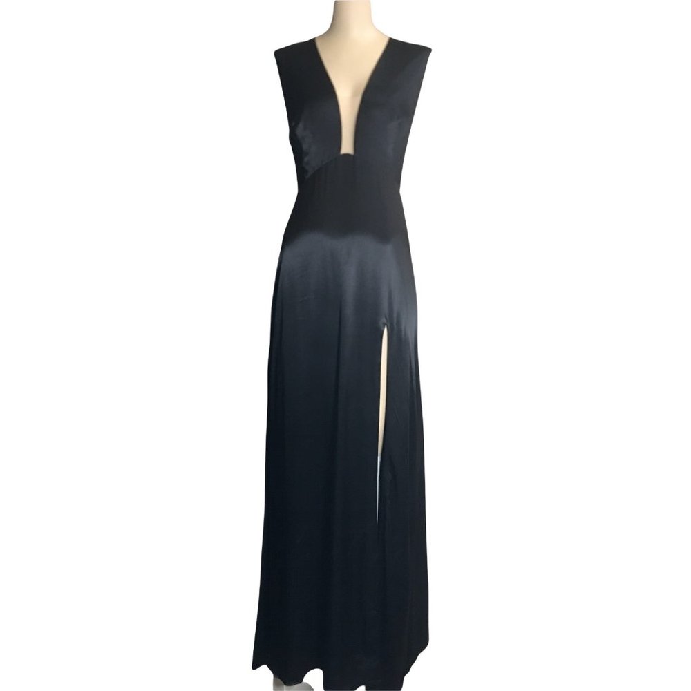 Sau Lee Genevie Black Satin Sleeveless V-Neck Maxi Gown New - Picture 4 of 15